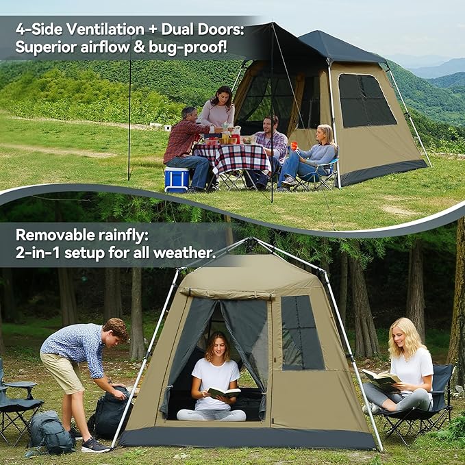 Instant Pop-Up Camping Tent with Removable Sunshade - 3-4 Person Dome Tent with UV Protection & Ventilation, Waterproof Windproof for Beach, Hiking, Outdoor.