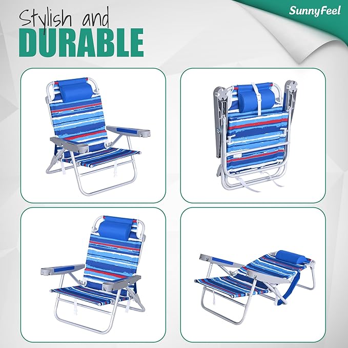 SUNNYFEEL Extra Wide Low Beach Chair 2 Pack 5 Position Lay Flat 500 LBS Heavy Duty, XL Oversized Folding Camping Chairs with Cup Holder for Outdoor/Sand, Portable Backpack Beach Chair for Adults
