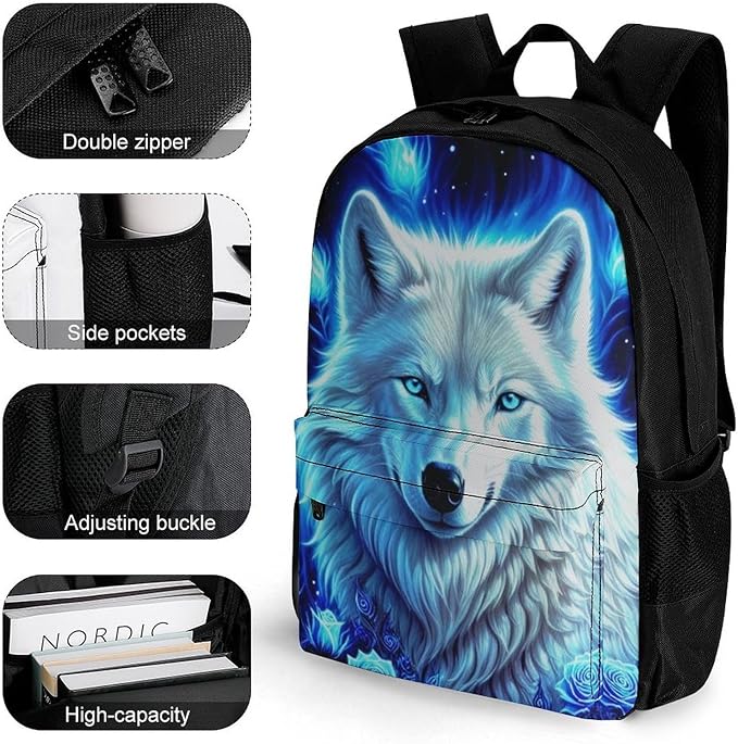 Men Women Polyester White Galaxy Wolf With Blue Rose Daypack Backpack Large Capacity Carry On Bag With Smooth Zippers for Hiking Picnic Walking Cycling