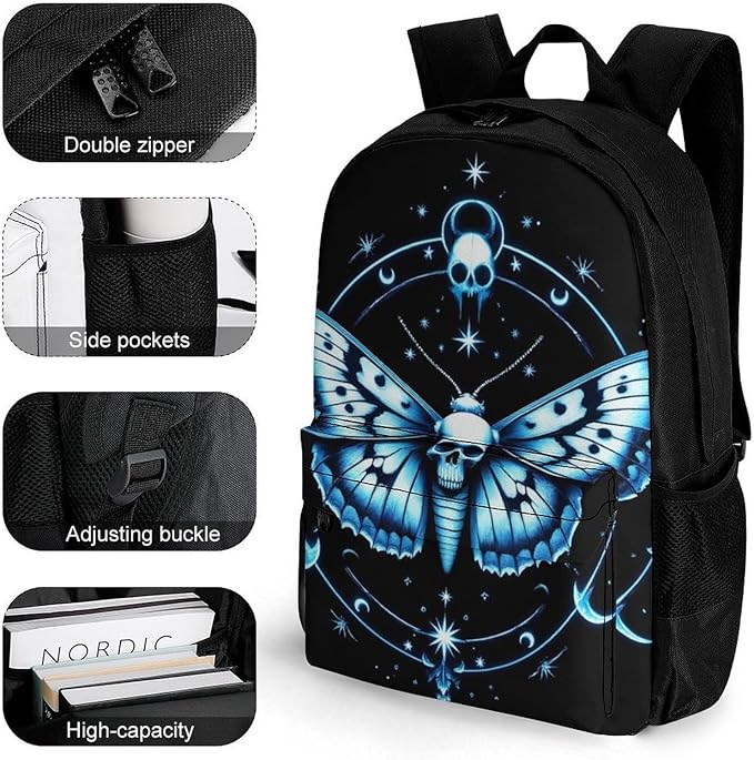 Adults Lightweight Goth Moth Dead Skull Moon Shoulder Book Bags Big Capacity Shoulder Bag With Adjustable Shoulder Straps for Trekking Work Walking Cycling