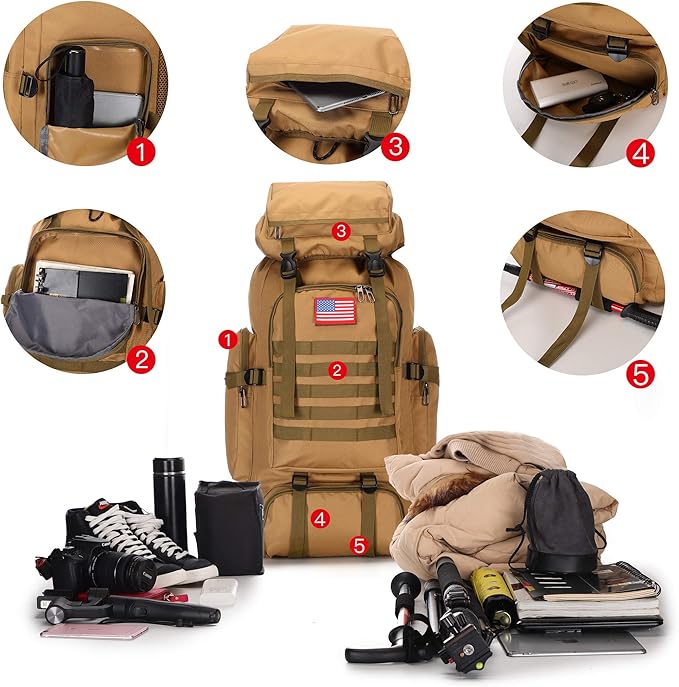 King'sGuard 70L Camping Hiking Backpack for Men Women Large Military Tactical Backpack Molle Rucksack Backpack for Outdoor