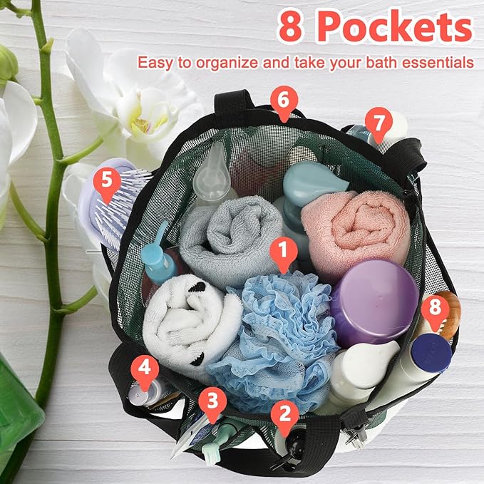 Mesh Shower Caddy Portable for College Dorm Room Essentials, 8-Pocket Large Shower Basket Tote Bag with 2 Handles for Toiletry, Bathroom, Beach, Camp, Gym