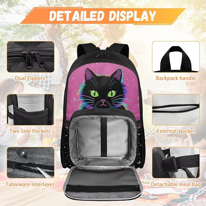 HUGS IDEA Neon Cat School Backpack for Kids 17 Inch Bookbag and Lunchbox for Kids Large School Bags for Girls Lightweight Book Bag for Students Travel Casual Daypack for Camping