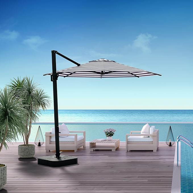 Midtown Umbrellas 10 Ft Outdoor Cantilever Patio Umbrella w/Terylast Navy Stripes Fabric - Tilt 360° Offset Patio Umbrella, Deck Patio Umbrella, Backyard Umbrella & Garden Umbrella - Black Frame