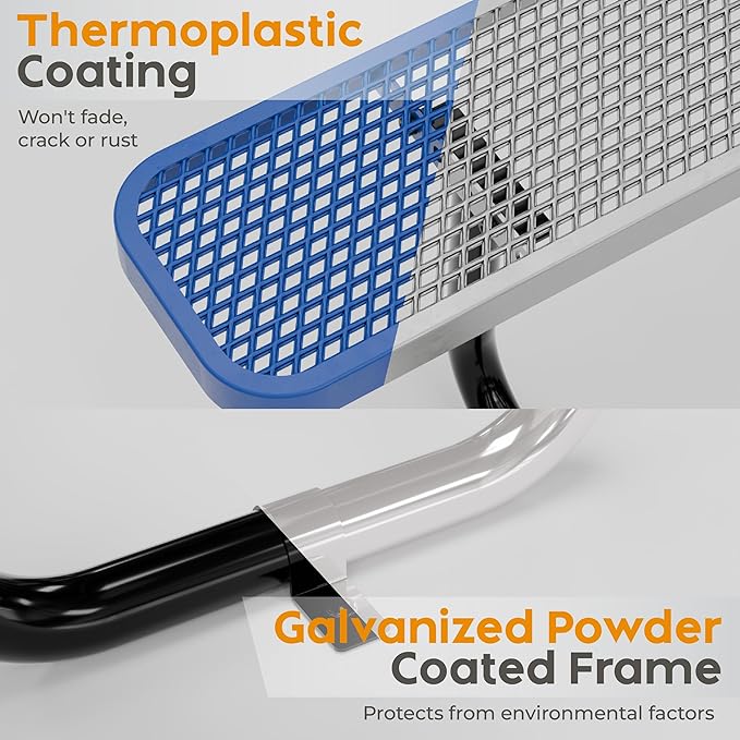 Metal Picnic Furniture for Outdoors with Umbrella Hole - Coated Steel Heavy Duty Commercial Grade Table with Adjustable Seats, Patio Set for a Lifetime (Blue, 8' Rectangular)