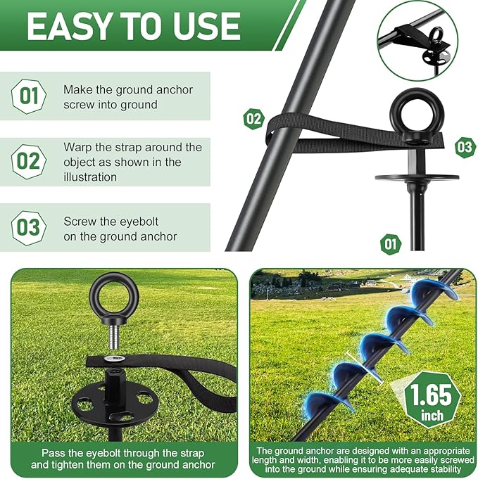 Ground Anchors Screw in - Heavy Duty Trampoline Anchors/Stakes for High Wind, 4 Pack Earth Anchor Kit with Straps and Wrenches for Swing Set, Trampolines, Shed, Mobile Home, Carport, Gazebo