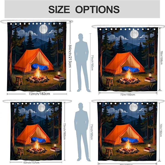 Tent Shower Curtain, Outdoor Adventure Campfire Moon Summer Orange Polyester Waterproof Clawfoot Tub Shower Curtains Decor for Toile Bathroom Dorm 72x78 Inch