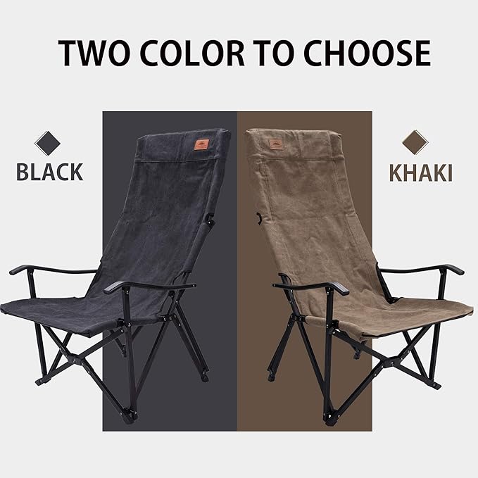 CAMPINGMOON Foldable Cotton Canvas Camping Chair Campfire High Back Low Style Relaxing Chair Black F-1002C-BK