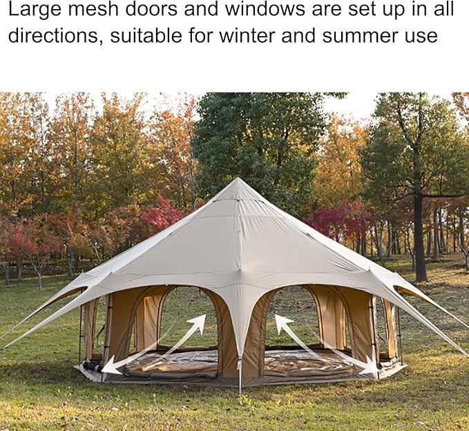 Outdoor Waterproof Cotton Canvas Tent, 4 Season Family Camping Bell Tent 8-10 Person with Stove Jacks for Glamping and Festivals and Human Shelter for Inhabiting or Leisure(Beige)