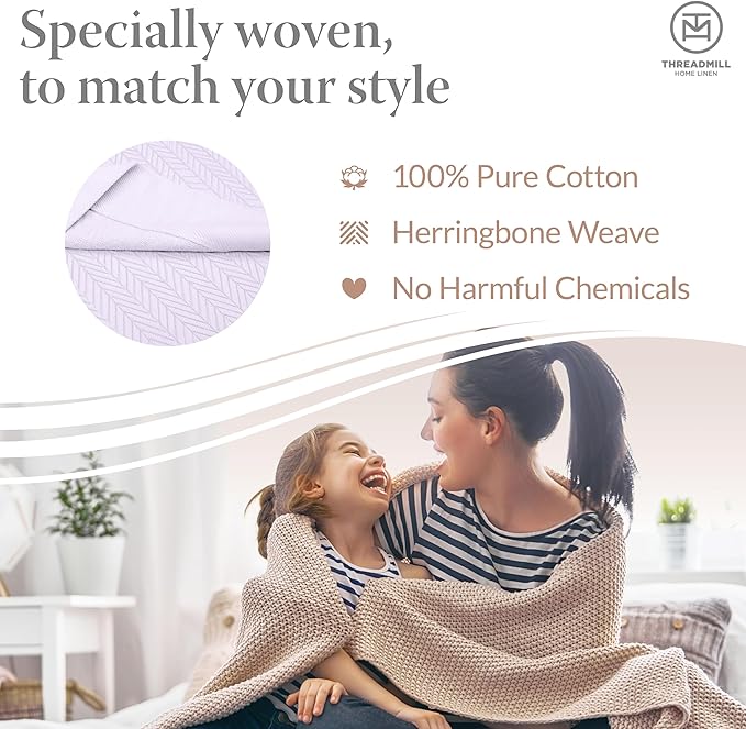 Threadmill Luxury Cotton Blankets for Twin Size Bed | All-Season 100% Cotton Twin Blanket for Bed | Herringbone Soft & Cozy Fall Thermal Blanket, 350GSM, 68x92 inches | Lilac