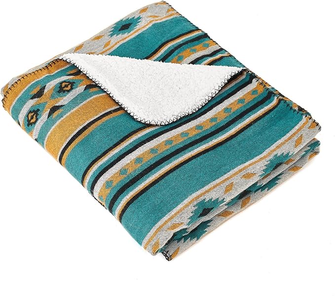 Aztec Patterned Throw Blanket with Soft Sherpa Lining 90”x90”, Traditional Southwestern Navajo Tribal Style Warm Throw for Home Decor, Light Weight Cozy Boho Blanket for Bed, Couch, Sofa, Teal