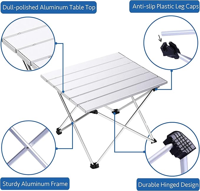Grope Small Folding Camping Table with Aluminum Table Top, Beach Table for Sand with Carrying Bag,Prefect for Outdoor, Picnic, BBQ, Cooking, Festival (Silver-M)