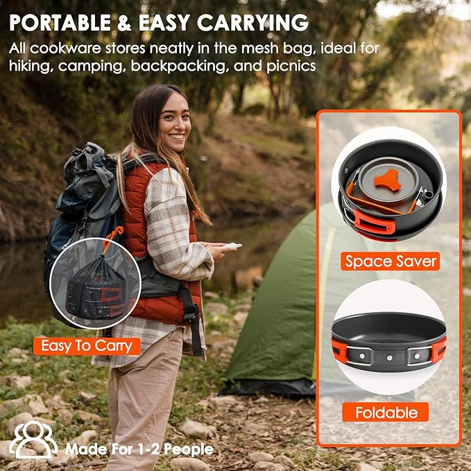 Camping Cookware Mess Kit, Non-Stick Lightweight Camping Pots and Pans with Kettle, Stainless Steel Cups Plates Forks Knives Spoons for Backpacking, Hiking, Outdoor Cooking