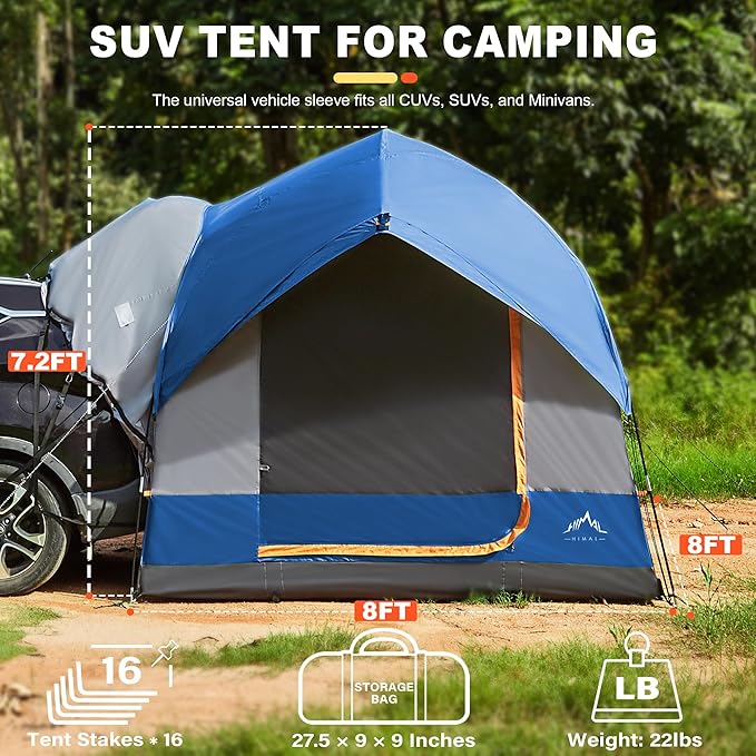 SUV Tent for Camping, Waterproof PU3000mm Spacious Double Layer Design for 5-8 Person, Includes Rainfly and Storage Bag, 8FT L x 8FT W x 7.2FT H Blue