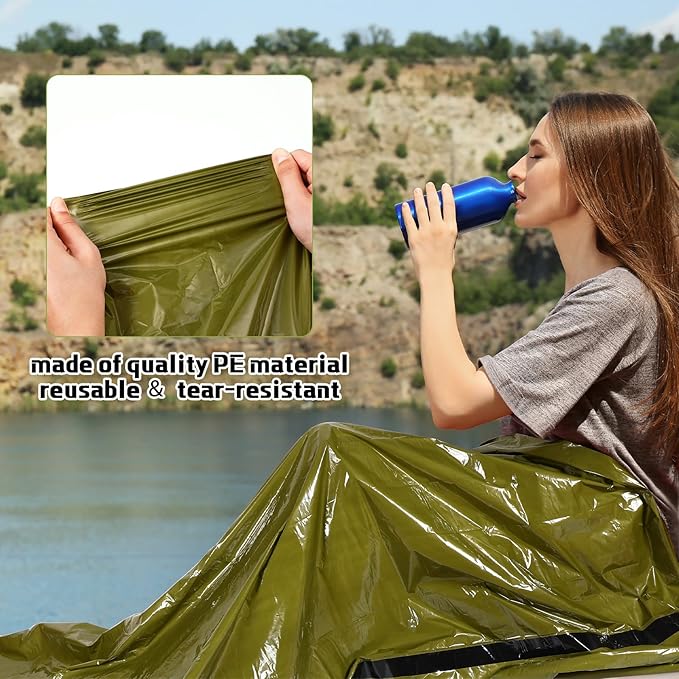 Mixweer 12 Pcs Emergency Sleeping Bag Portable Survival Thermal Bivy Sack Lightweight Emergency Shelter for Homeless People Waterproof Bivy Bag for Camping Hiking Adventure Outdoor, Green