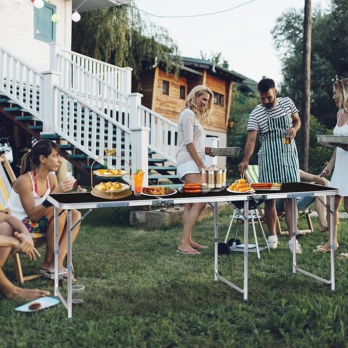 6.0 Ft Folding Portable Camping Table with Three Adjustable Heights, Tri-fold Outdoor Table, Outdoor Camping Kitchen, BBQ, Picnic, Cooking, Beach, Garden, Party, Black