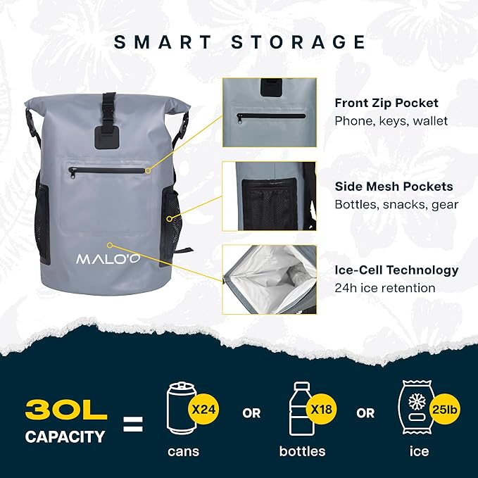 Malo’o Pro Adventure Insulated Backpack Cooler, Leakproof Soft Cooler Backpack for Camping, Fishing, Hiking, Kayaking, Beach