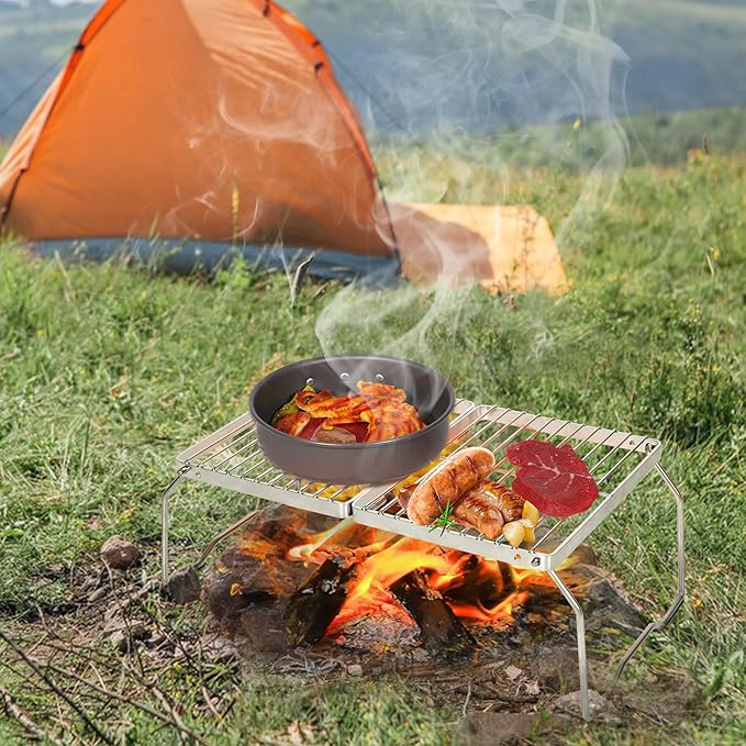 REDCAMP Folding Campfire Grill 304 Stainless Steel Grate, Adjustable Height Portable Camping Grill with Carrying Bag for Outdoor Cooking BBQ