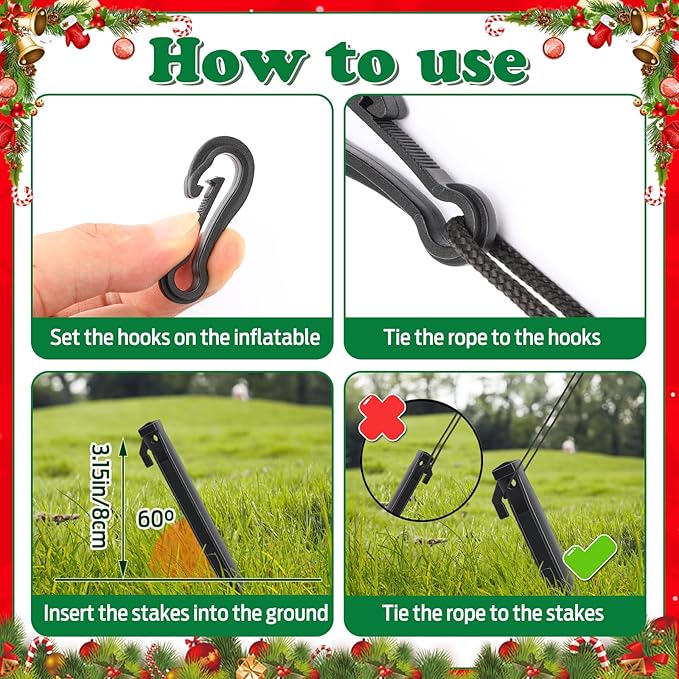JULMELON 24 Pieces Plastic Inflatable Stakes Set, Include Tent Stakes, Tethers Ropes and Hooks Heavy Duty Yard Ground Lawn Stakes for Halloween Christmas Holiday Outdoor Decorations(8.7in)