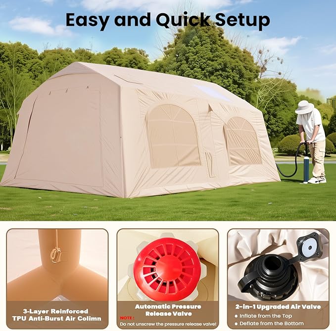 Inflatable Tents for Camping, Blow Up Tent with Hand Pump, Easy Setup Inflatable Hot Tent with Stove Jack, Waterproof Oxford Air Glamping Tents for Camping Adult 4 Person Upgrade Version