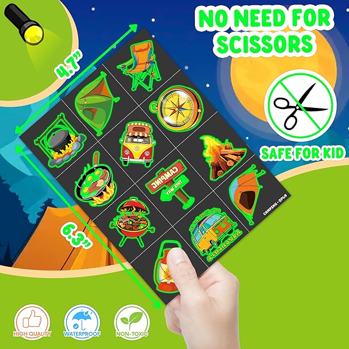 96PCS Camping Camp Camper Campfire Pre-Cut Luminous Glow in the dark Temporary Tattoos for Kids | Super Cute Themed Birthday Party Favors Supplies Decorations, Fake Tattoos Gifts for Boys Girls