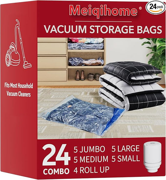 MEIQIHOME Vacuum Storage Bags, Space Saver Sealer Bags,Vacuum seal bags for clothing, Pillows, Comforters, Blankets, Bedding,Travel,24 Pack with Electric Pump