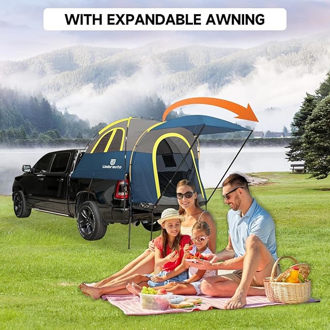 Truck Bed Tent with Awning: 5.0' ~ 5.2' PU3000mm Waterproof Tailgate Pickup Truck Tents, Easy Set-up for 2 Person, Fits Full Size Short Bed, Chevy, Dodge, Ford, GMC