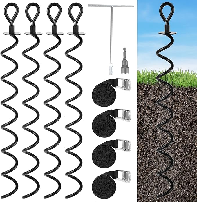 Trampoline Stakes 4 Pack, Spiral Ground Anchors Screw in, Swing Set Anchors, Earth Anchor Ground Stakes Heavy Duty with Straps for CarPorts, Sheds, Tents, Swing Sets, Camping, Mobile Home
