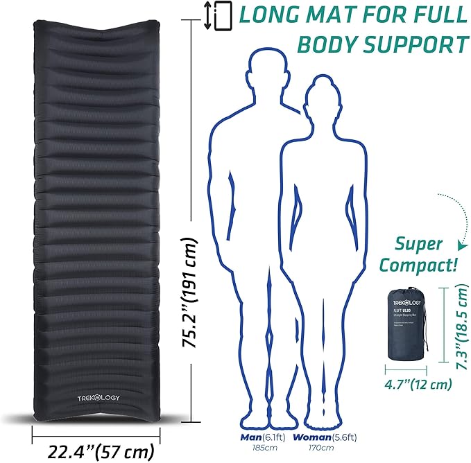 TREKOLOGY ALUFT2.0 (Light Blue) & UL Sleeping Pad-Compressible, Compact, Comfortable, Ergonomic Inflating Pillow, Inflatable Camping Mat for Travel. Compact Lightweight Sleeping System