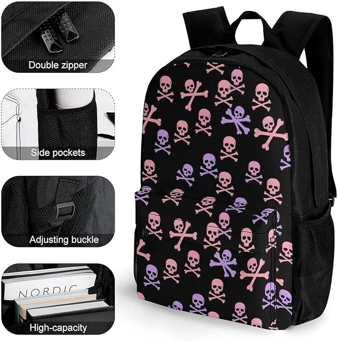 Polyester Daypack for Camping Travel Walking Cycling, Big Capacity Anti-Theft Multipurpose Bookbag, Purple Pink Crossbones Skulls Camping Outdoor Backpack