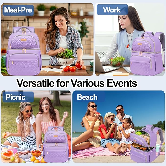 Lunch Backpack Insulated Coolers Backpacks - Lunch Bag for Women Double Decker Lunch Box, Leakproof Lunchbag Large Lunchbox Back Pack Lunch Cooler Bag for Picnic Beach Camping Work
