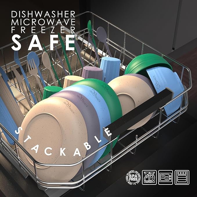 Wheatstraw Dinnerware Set for 4 - Camping Dishes & Utensils - Microwavable Plates - Alternate To Plastic Plates And Bowls - Camping Kitchen Set - Rv Dinnerware - Wheat Straw Dorm Dishes