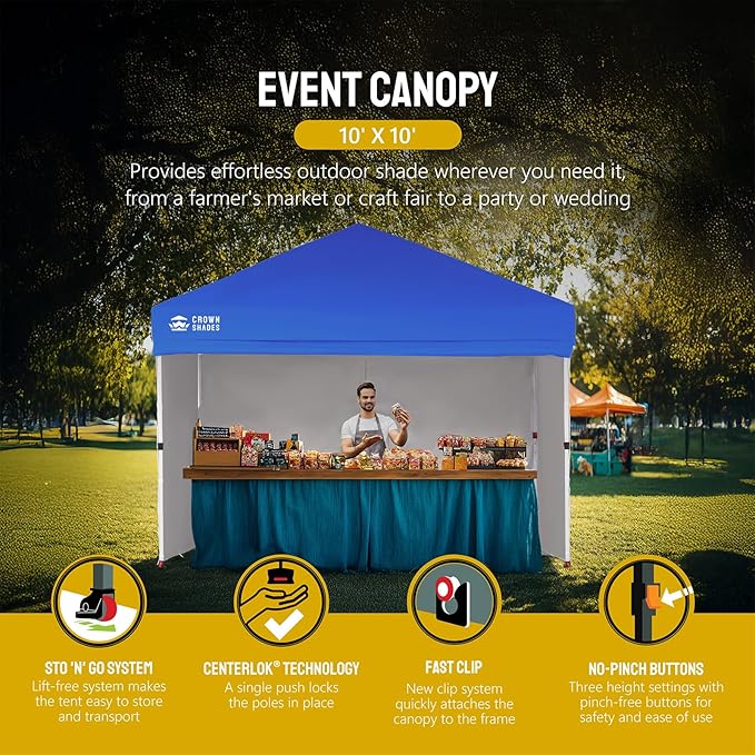 CROWN SHADES 10X10 Comercial Instant Canopy Pop Up Tent with Center Lock (10x10 with 4 Sidewalls, Blue)