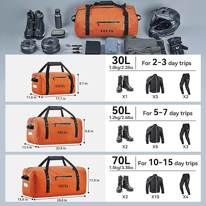 HEETA Waterproof Motorcycle Dry Bag, Waterproof Duffel Luggage Travel Bags with Zippered Closure & Pocket, Shoulder Straps, Large Space for Motorcycling Camping Commuting Boating (Orange, 30L)