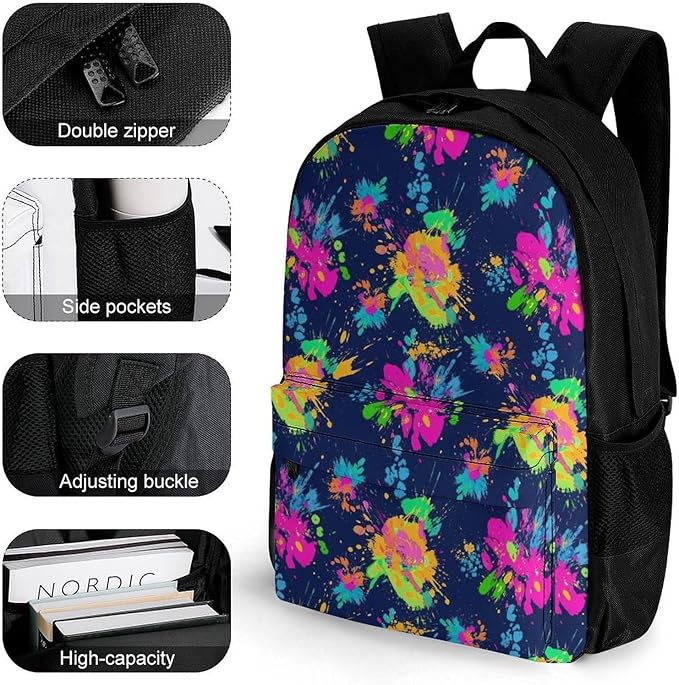 Men Women Polyester Paint Splatter Dark Colorful Daypack Big Capacity Shoulder Bag With Smooth Zippers for Hiking Work Walking Cycling