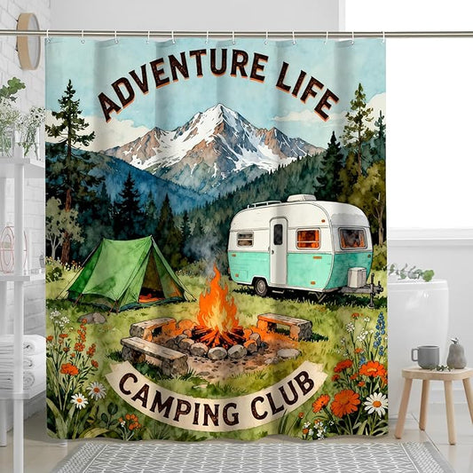 Mountain Shower Curtain, Outdoor Adventure Tent Campfire Summer Green Waterproof Fabric Toile Cloth Shower Curtains Decor for Toile Bathroom Dorm 72x72 Inch