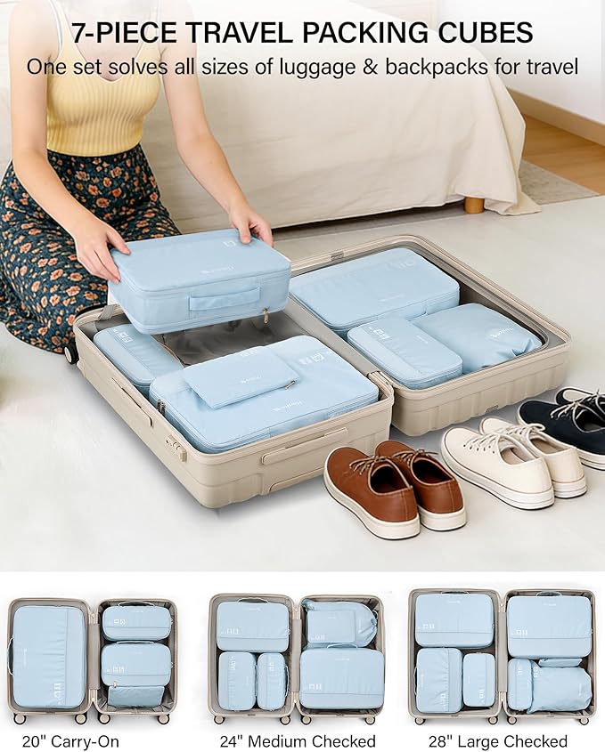 Hanke 7 Piece Expandable Compression Packing Cubes, Premium Travel Packing Organizers for Suitcases/Carry On, Luggage Organizer Bags with Breathable Mesh & Label,Light Blue
