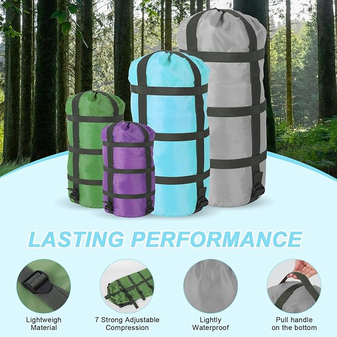 Compression Sacks for Sleeping Bag Stuff Sack Adjustable Sleeping Bag Compression Stuff Sack 6L + 15L +18L + 30L + 45L+52L Space Saving for Backpacking Hiking Camping Outdoor and Travel Storage