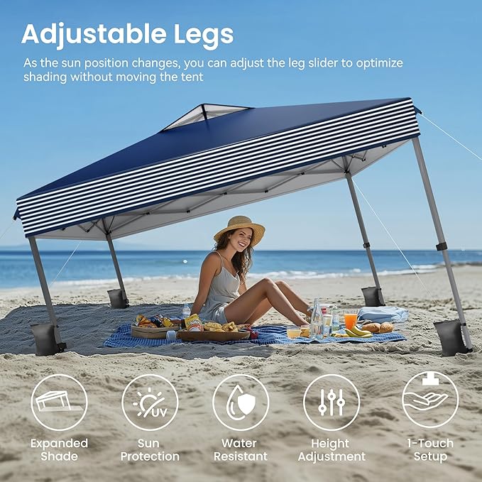 PHI VILLA 10’x10’ Pop Up Canopy Tent - One Push Setup, Instant Shade Tent with Vented Roof for Beach & Events - Includes Storage Bag, Sandbags, Stakes & Ropes (Navy Stripe)