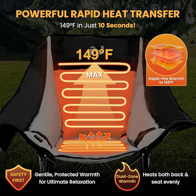 Begonia.K Oversized Heated Rocking Camping Chair - 400lbs Capacity Padded Camping Recliner w/ 3 Levels Back Seat Heat - Folding Lawn Chair with Side Pockets for Camp Patio Backyard