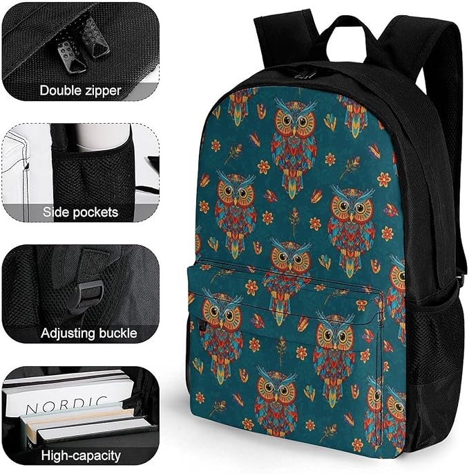 Supdreamc Lightweight Daypack Backpack for Trekking Work Running, Big Capacity Multipurpose Anti-Theft Bookbag, Ethnic Owl Business Computer Bag
