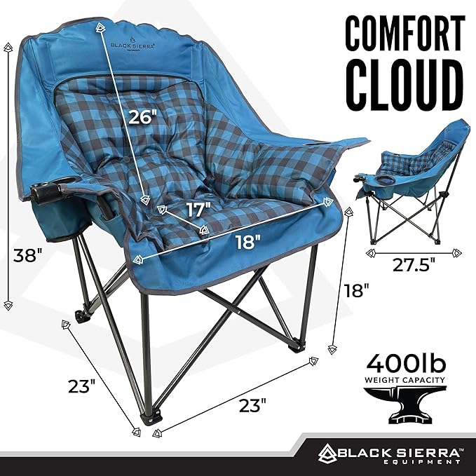 Black Sierra Oversized Camping Chair for Adults, Heavy Duty Outdoor Seat with Plush Padding, Supports 400lbs, Cup Holder & Carry Bag, Comfortable Folding Chair for Tailgating, Patio, & Sideline Events