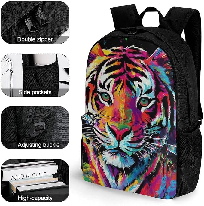 Supdreamc Backpack Anti-Theft Multipurpose Large Capacity Carry On Bag, Colorful Splash Ink King Of Tiger Art Camping Outdoor Backpack With Side Pockets