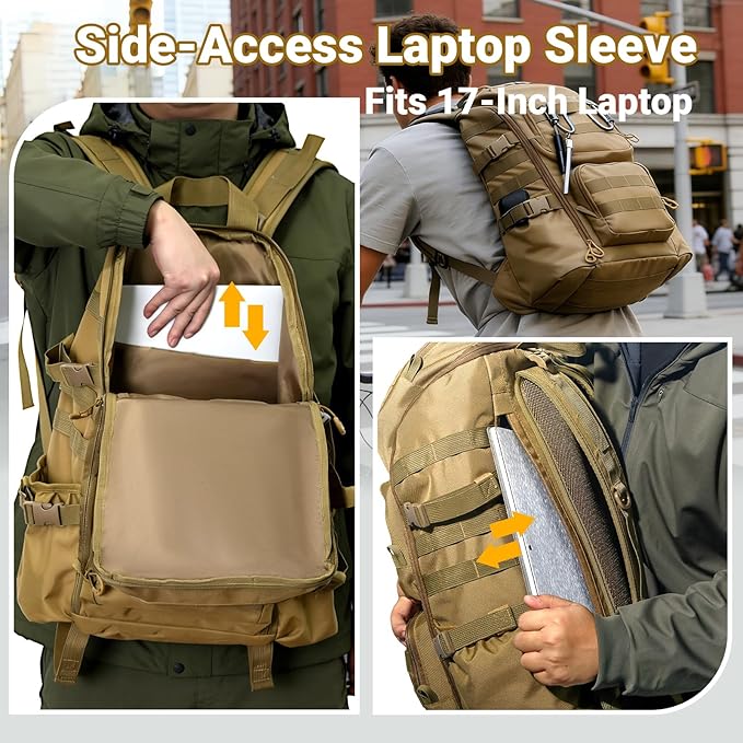 Lightweight Tactical Backpacks with Laptop Compartment for Men 40L EDC MOLLE Military Style 17 in Computer with Cup Holder Travel Hiking Daypack