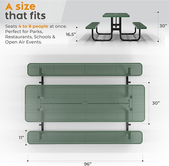Metal Picnic Furniture for Outdoors with Umbrella Hole - Coated Steel Heavy Duty Commercial Grade Table with Adjustable Seats, Patio Set for a Lifetime (Green, 8' Rectangular, Punched Steel)