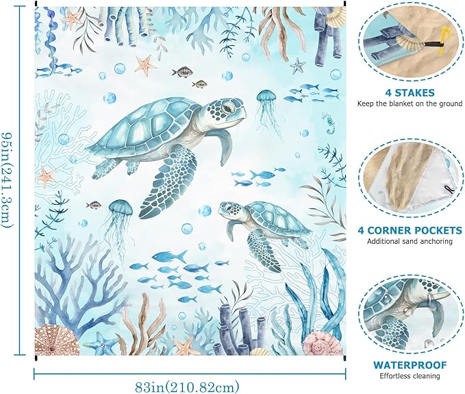 Beach Blanket Waterproof Sandproof, Sea Turtle Oversized Extra Large Picnic Mat 83"×95"/8 × 7 FT for 1-7 Adults for Travel Camping Hiking, Quick Drying Lightweight Beach Vacation Essentials