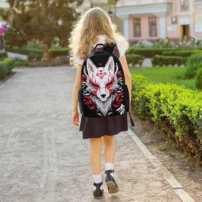 Polyester Daypack for Hiking Work Running, Big Capacity Anti-Theft Multipurpose Shoulder Bag, Japanese Kitsune Mask Fox Art Travel and Sport Backpack Rucksack