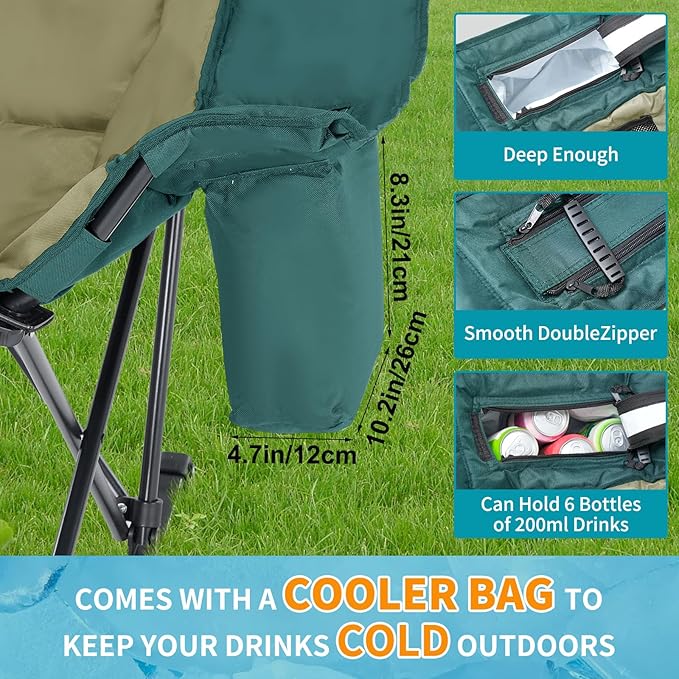 Oversized Rocking Camping Chair for Adults - Padded Recliner Rocker - Folding Lawn Chair with Cooler Bag and Pockets - Portable Rocker Chair Outdoor for Camp Patio Backyard