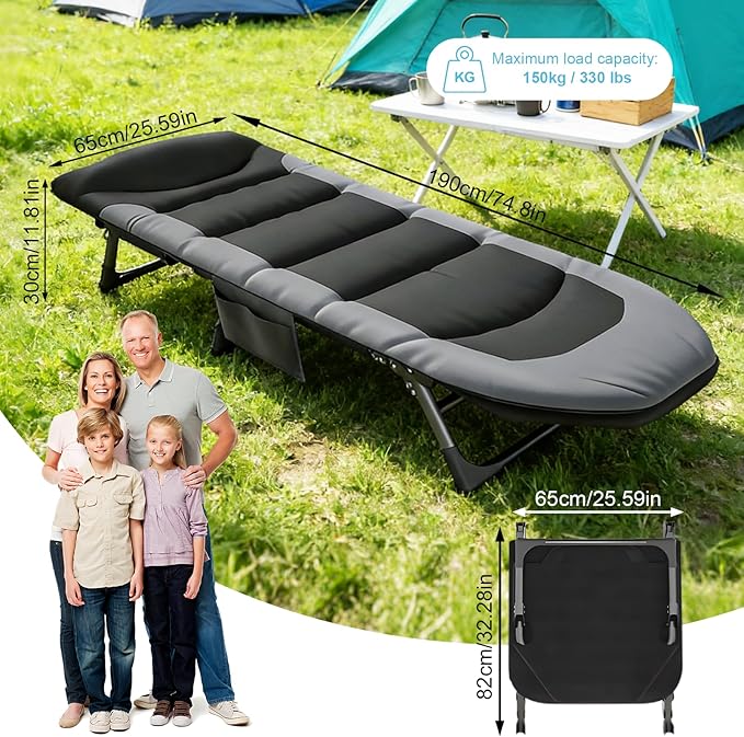 Folding Camping Cot, Six-Position Adjustable Backrest, Camping Cot for Adults Comfortable with Pillow and Side Pockets, Supports 330lb, for Home Office Nap Beach Travel Hiking. (Black)