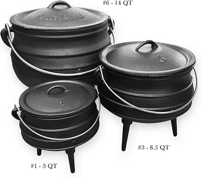 Cuisiland 14QT Cast Iron Potjie Cauldron Pot with Lid & 3 Legs – Pre-Seasoned South African-Style Campfire Pot for Outdoor Cooking, Soups, Stews & Braising – Heavy-Duty Cast Iron Dutch Oven